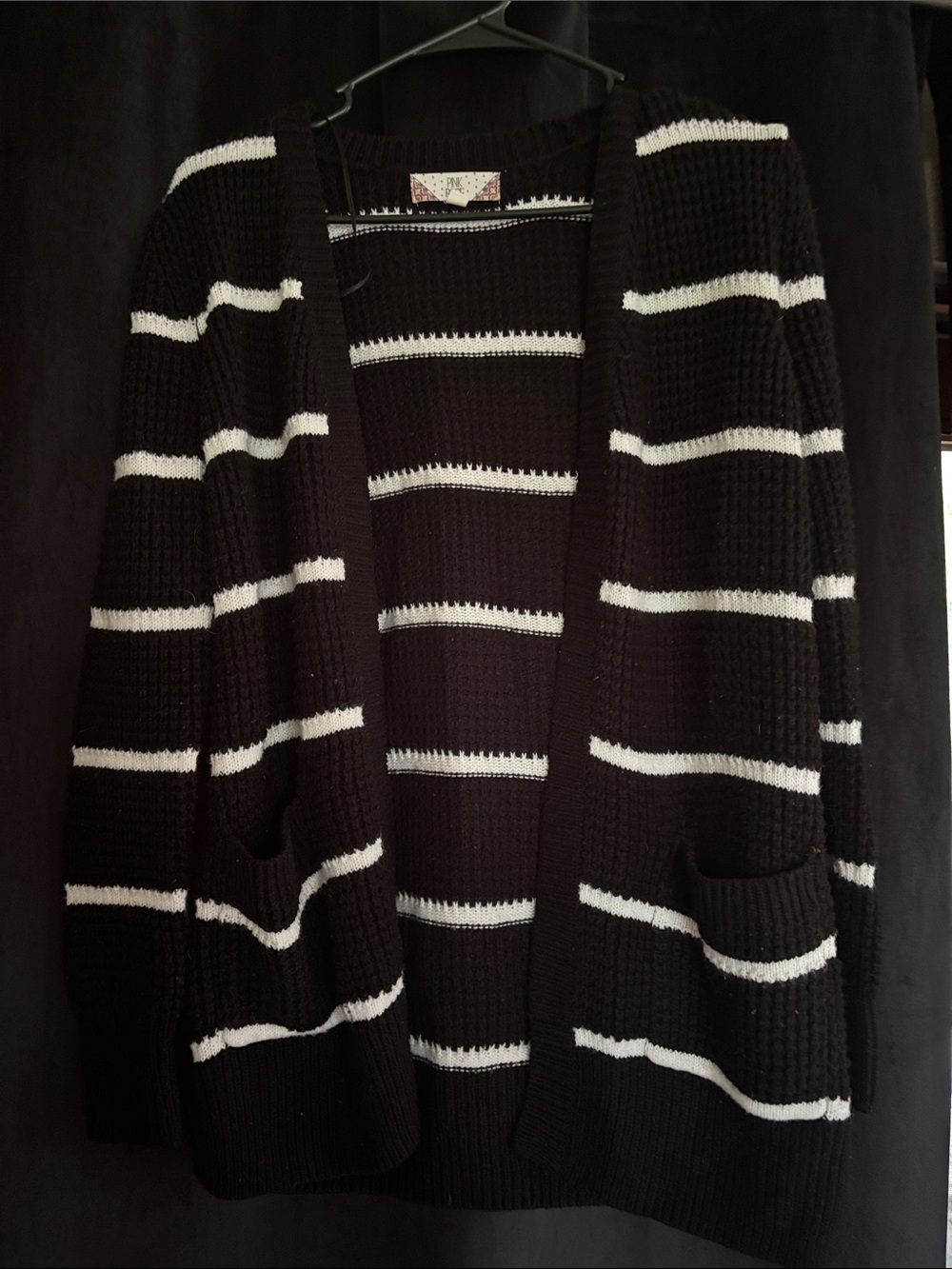 Pink Rose Black and White Striped Open-Front Cardigan